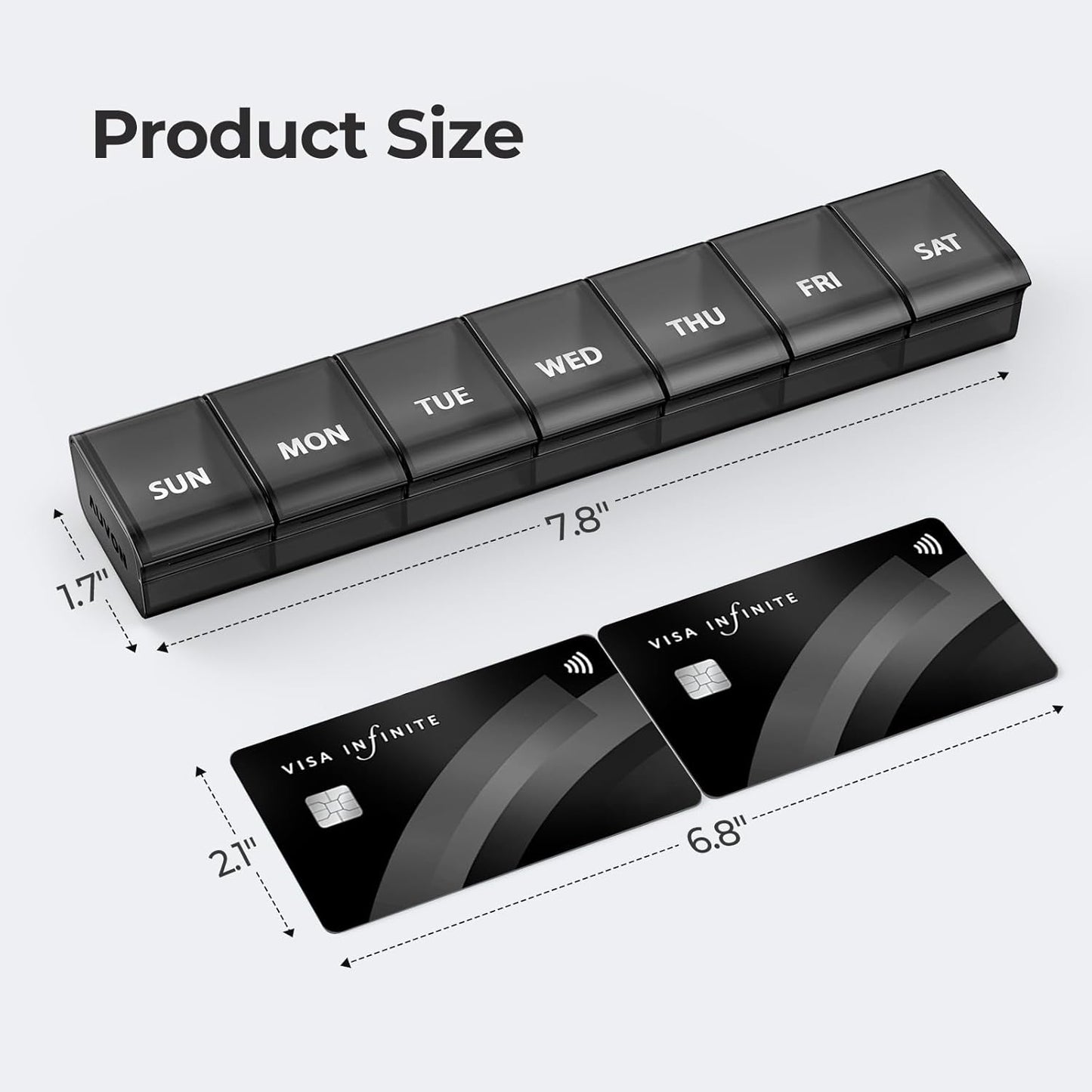 Weekly Pill Organizer with Upgraded Open Design, Portable Pill Box 7 Day Bpa-Free, Cute Pill Case for Vitamins, Supplements and Medications Black
