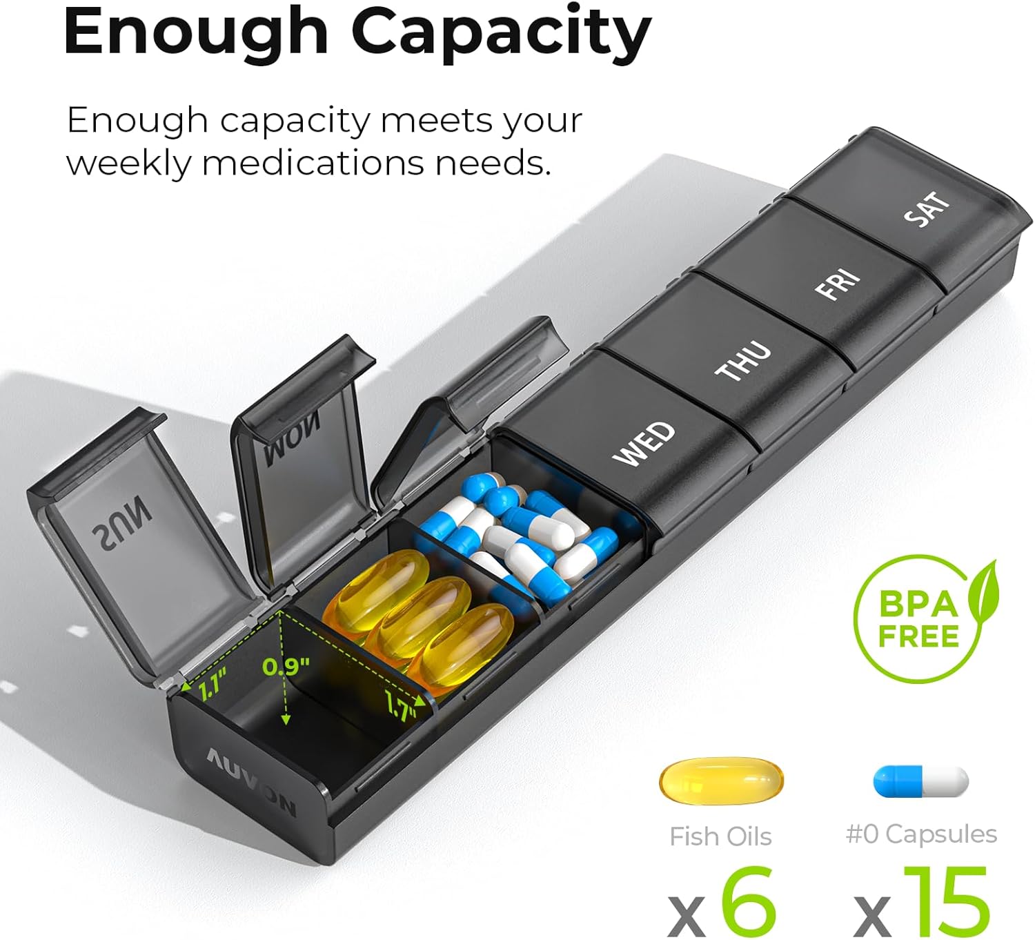 Weekly Pill Organizer with Upgraded Open Design, Portable Pill Box 7 Day Bpa-Free, Cute Pill Case for Vitamins, Supplements and Medications Black