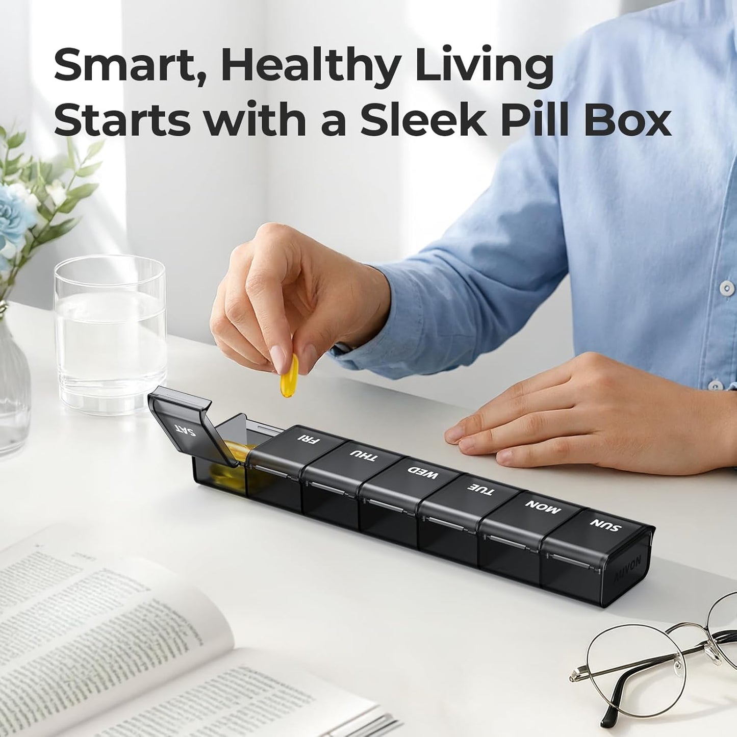 Weekly Pill Organizer with Upgraded Open Design, Portable Pill Box 7 Day Bpa-Free, Cute Pill Case for Vitamins, Supplements and Medications Black